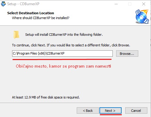 Izbira lokacije namestitve programa CDBurnerXP.