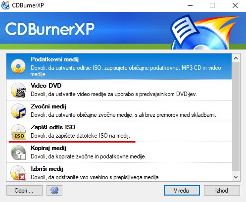 Prikaz izbire Zapiši odtis ISO za zapis ISO slike na spominski medij v programu CDBurnerXP.