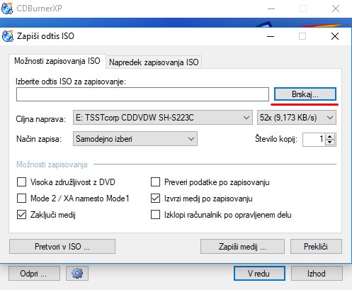 Prikaz menija za izbor in pečenje ISO slike v programu CDBurnerXP.