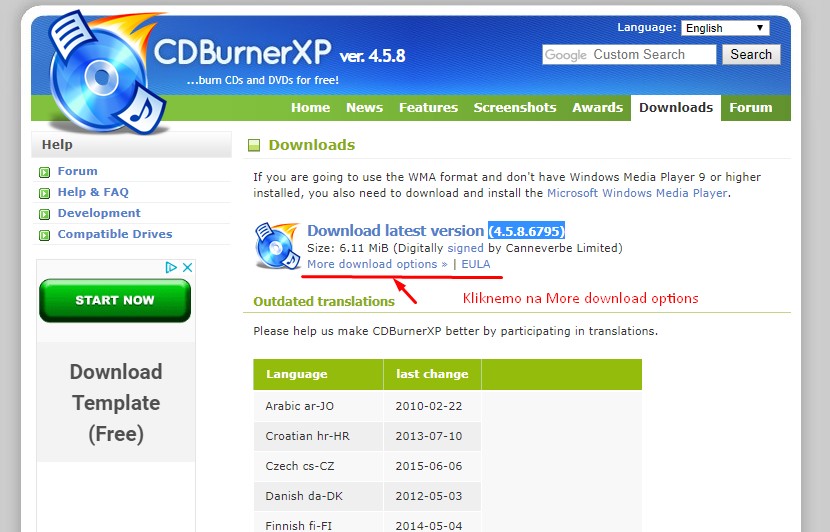 More download options nas pepelje na različne verzije programa CDBurnerXP.
