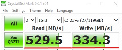Prikaz rezultata branja v programu CrystalDiskMark z SSD-jem.