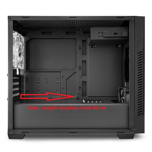 Slika ohišja z opombo največje dovoljene dolžine grafične kartice.